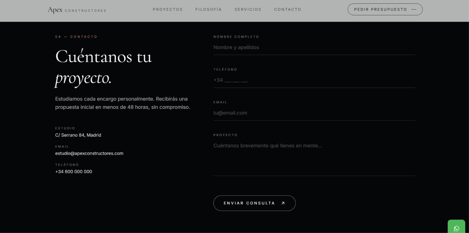 Apex Constructores — Contacto · Presupuesto
