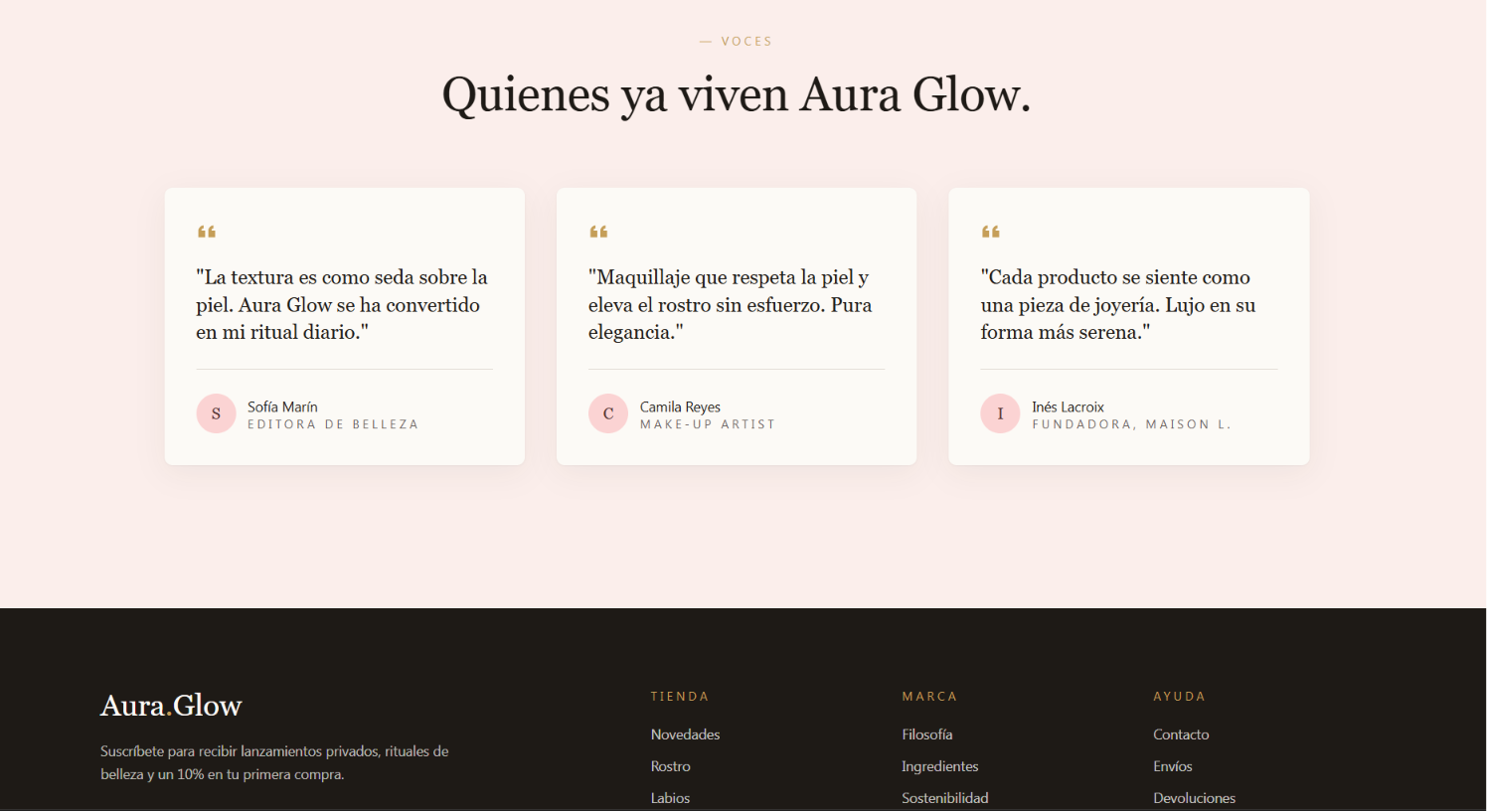 Aura Glow — Voces + Footer